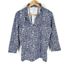 J McLaughlin Top Size XL Blue Geo Print Durham Ruffle Catalina Cloth 3/4 Sleeve